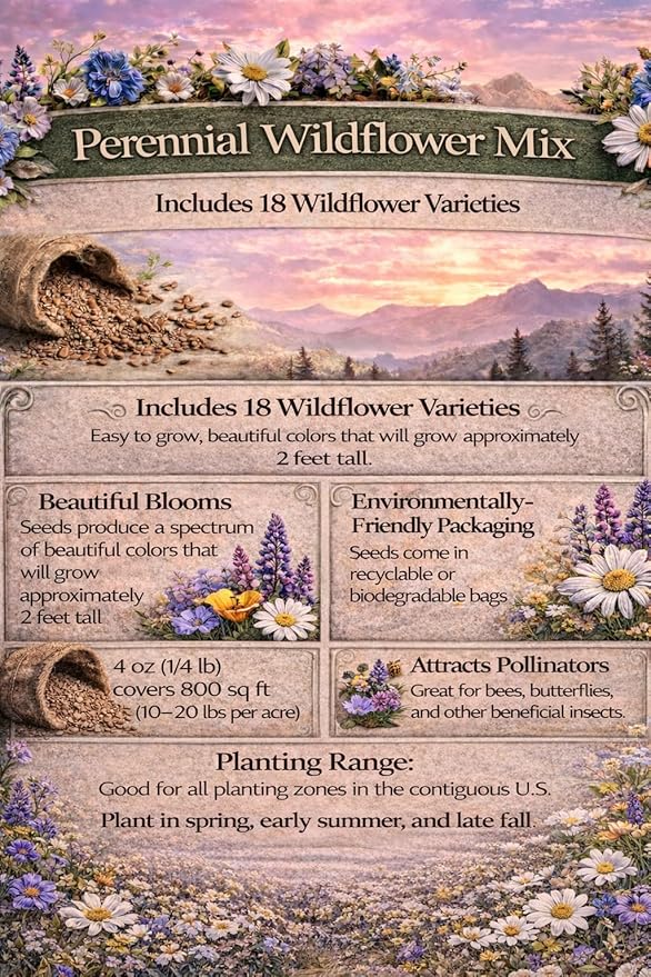 United States Nationwide Bulk All Perennial Non-GMO Wildflower Seed Mix - All U.S. Zones - Plant in Spring and Fall 1 Pound 2,000 Square feet - Includes Drought Tolerant Species