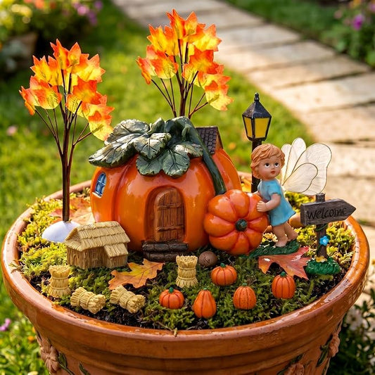 Pinkunn 16 Pcs Fall Miniature Fairy Garden Accessories Set Pumpkin Figurines House Straw Bales Welcome Sign Maple Trees for Autumn Harvest Thanksgiving Halloween Decor for Terrarium Dollhouse