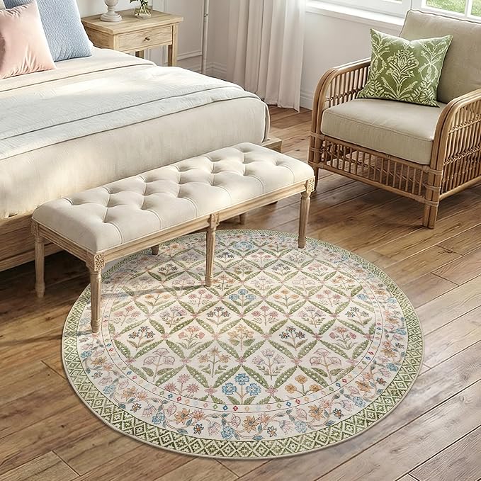 jinchan Round Rug 5ft Vintage Floral Washable Circle Area Rug, Sage Green | Soft & Lightweight, Checkered Floral, Low Pile, Non Slip, Bedroom, Living Room, Entryway, Girls Room, Reading Nook