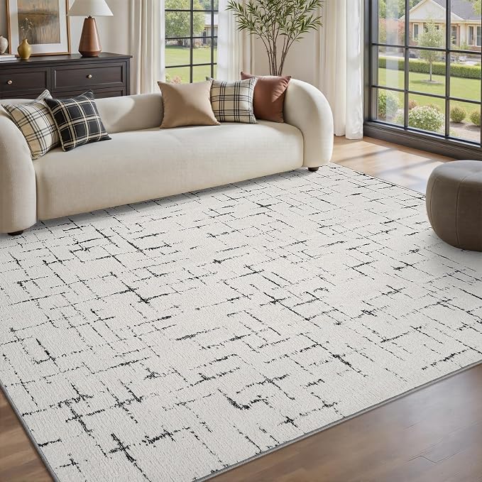 Engiw-Neutral 5x7 Area Rug for Living Room Rug-Carpet Bedroom Rugs Textured Tufted Jacquard Modern Washable Rug for Dining Room Nursery Non Slip-Black and White