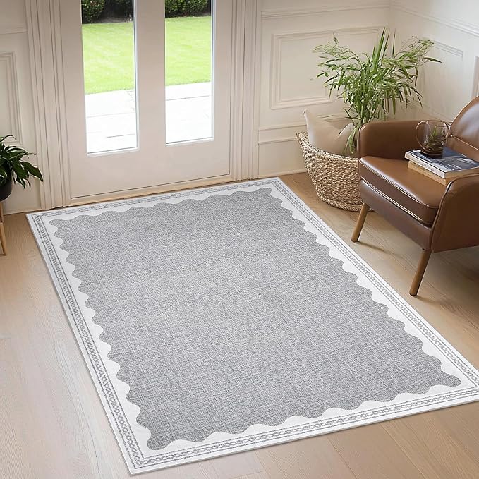 3x5 Scalloped Area Rugs Grey Washable Entryway Bedroom Rug | Solid Tan Rug for Bedroom Girls, Non Slip Throw Carpet With Rubber Back, Soft Dorm Nursery Scalloped Rugs for Dining Room