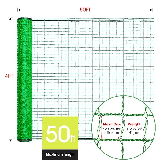 Deer Fence, RIFNY 4 x 50 FT Plastic Mesh Fencing Netting for Garden Outdoor Yard, Temporary Fence to Protect Plants Fruit and Ideal for Deer Dogs Chicken (Green)