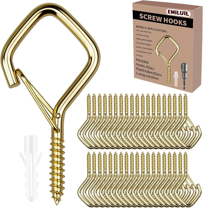 82 PCS Metal Gold Eye Screw Hooks for Hanging Heavy Duty.Windproof Ceiling Hooks for Hanging Plants,Cup,Wind Chime,Bird Feeders,Christmas String Lights at Indoor&Outdoor 2.2 Inch