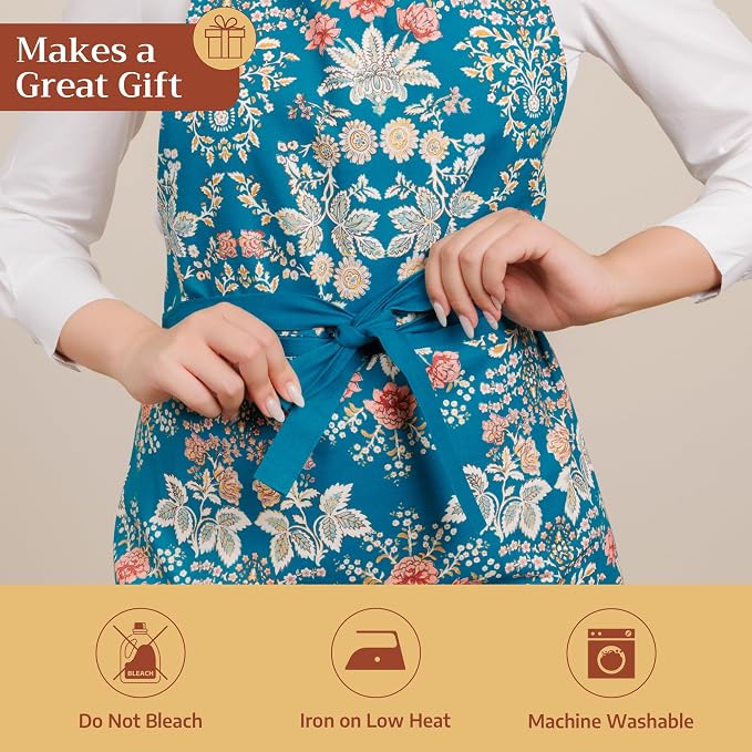 Maison d' Hermine Aprons for women with Pocket 100% Cotton (27.50"x31.50") | Adjustable Neck Strap & long ties Apron Men Chef Wedding Cooking Gardening Server Maid