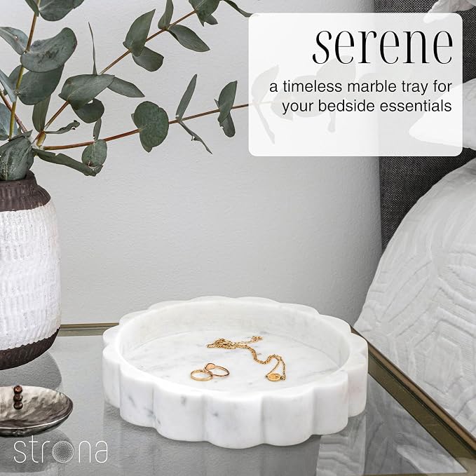 STRONA White Scalloped Marble Tray - 8" Round Stone Vanity Tray for Perfume & Jewelry, Marble Dish for Bathroom Countertop & Kitchen Counter, Decorative Tray for Bathroom & Kitchen, Modern Catchall