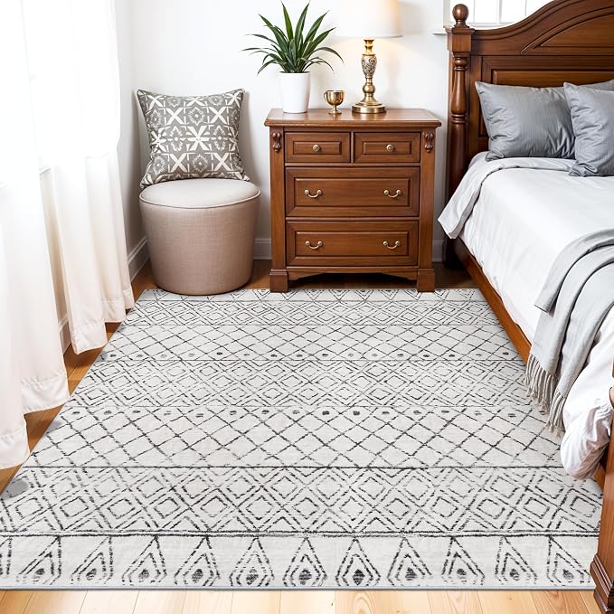 Washable 5x5 Square Moroccan Rug:Non Slip Soft Indoor Rug Geometric Grey | Throw Large Carpet - Low Pile Farmhouse Floor Mat for Living Room Bedroom Dining Room - Rugs for Young Families Home