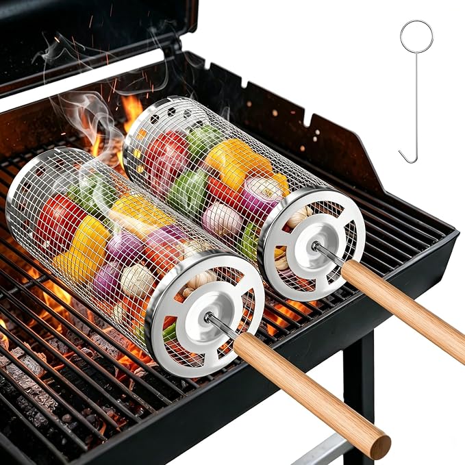 Rolling Grill Baskets 2PCS, Removable Wooden Handle 304 Stainless Steel Nesting BBQ Tools Outdoor Camping Grilling Accessories Tools for Vegetables Meat Food, Birthday Gifts for Men Husband