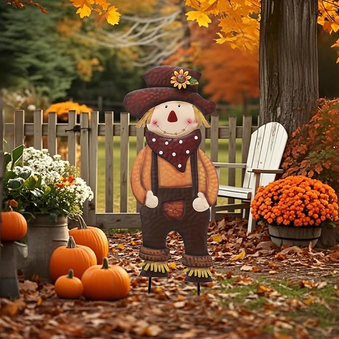 TERESA'S COLLECTIONS Fall Decor for Outdoor Home, Scarecrow for Garden Metal Stakes for Fall Decorations, Autumn Decor for Thanksgiving Decorations, Brown Harvest Yard Signs for Home Lawn Patio, 24"