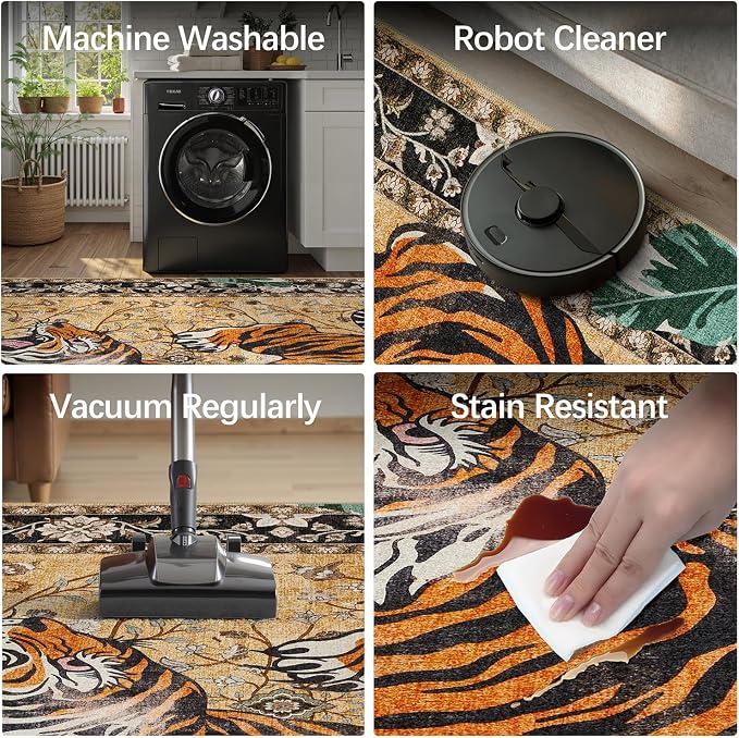 DCX Washable 6x9 Tiger Area Rug, Brown Vintage Animal Rug for Living Room, Soft Low Pile Carpet, Kid & Pet Friendly with Rubber Back Non Slip, Stain Resistant Rug for Bedroom Dining Room Office