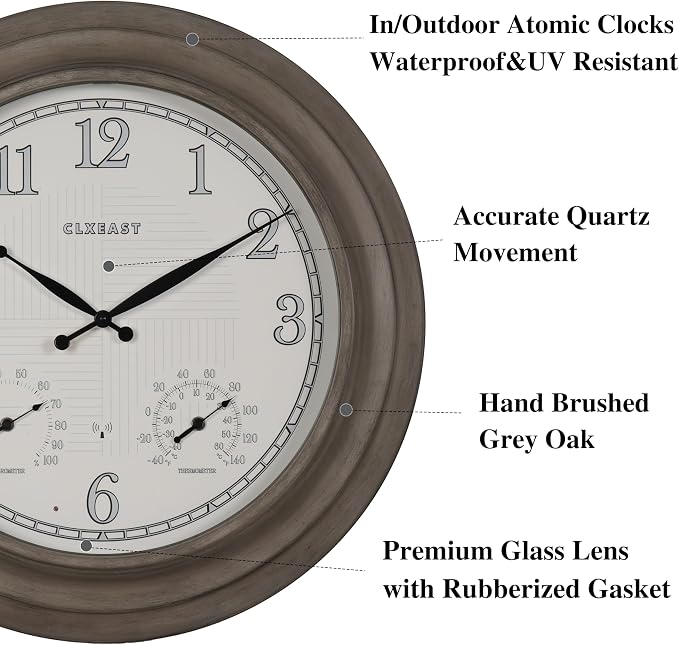 CLXEAST 24 Inch Self-Illuminated in/Outdoor Atomic Wall Clock with Temperature and Humidity, Oversized Large 24 Inch Wall Clocks for Living Room Decor, Brushed Grey Oak Finish