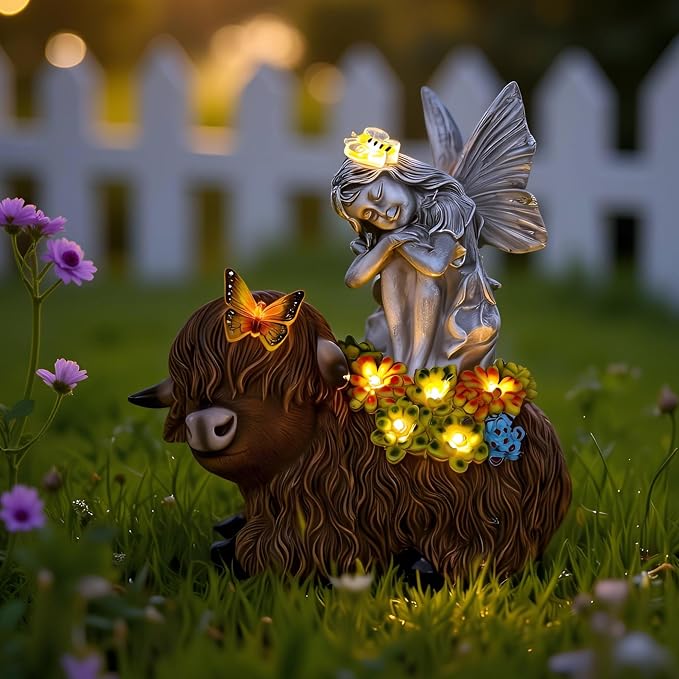 Angel Garden Decor Statue Solar Angel Sitting on Highland Cow Succulent Butterfly Bee LED Lights Outdoor Decorations for Yard Patio Housewarming Gift for Mom Women