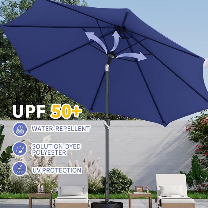 Kingdura 9FT Outdoor Patio Umbrella, Market Table Umbrella with Push Button Tilt & Crank, 8 Sturdy Ribs, UV Protection for Garden Lawn Deck Backyard Pool (Navy blue)
