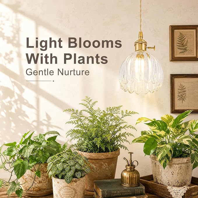 Hanging Grow Lights for Indoor Plants, 12W Full Spectrum 98+ CRI Grow Lamp, Dual CCT 3000K/4000K, Dual Switches, Pulley Height Adjustable, 13.12FT Cord, Petal Glass Plant Light for Indoor Flowers