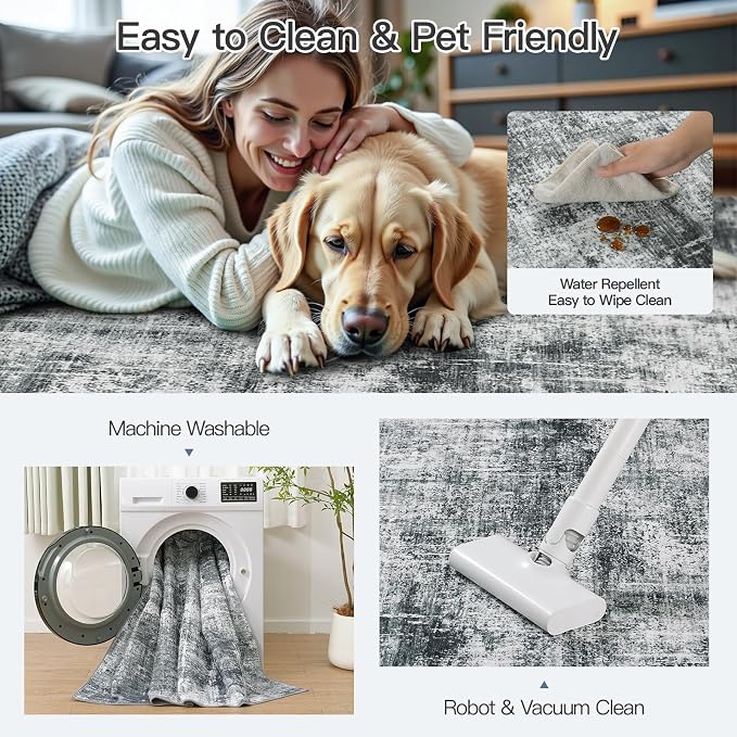 8x10 Area Rug for Living Room, Abstract Washable Non-Slip Large Rugs, Grey | Neutral Carpets for Bedroom, Dining Room, Home Office Nursery Indoor, Stain Resistant, Low Pile, Non-Shedding Modern Rug