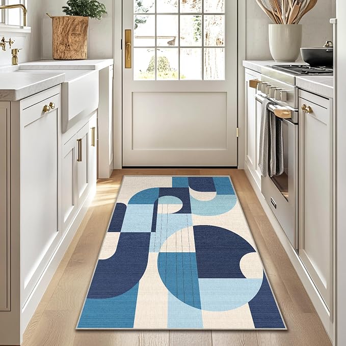 3x5 Blue and White Geometric Area Rug for Bedroom Entryway Hallway Abstract Modern Rug Machine Washable Non-Slip Carpet for Bathroom Kitchen Bedside Living Room