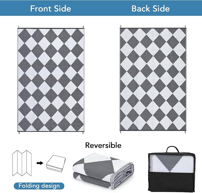 Garvee 9x12 Outdoor Rug for Patio Plastic Straw Rug Waterproof Reversible Mat Lightweight Foldable Carpet Easy Clean Large Rugs for Patio Porch Backyard Camping RV Beach Balcony Deck Checkered Grey