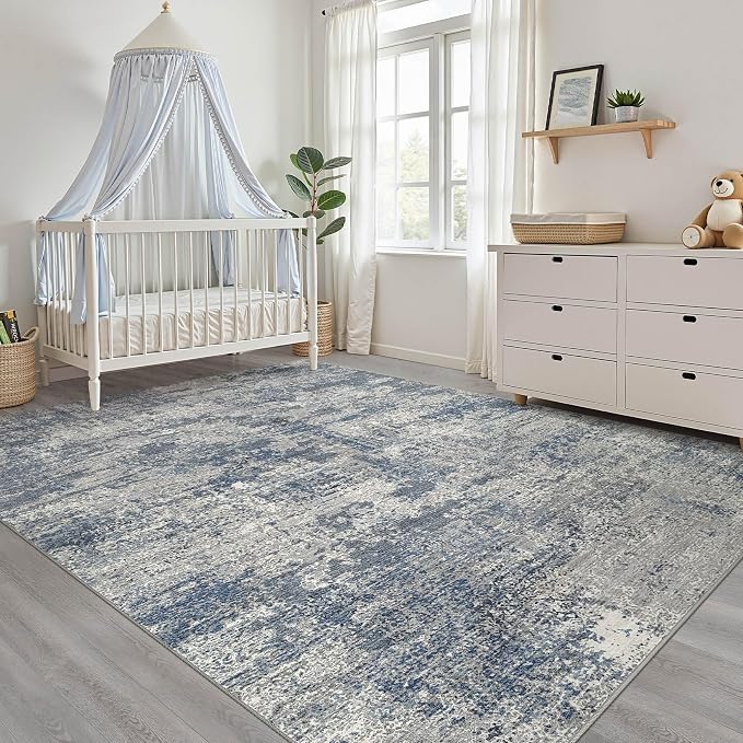 LOONGRUG 5x8 Area Rug Washable Neutral Modern Rug for Living Room Blue Gray | Abstract Soft Stain Resistant Indoor Floor Non-Slip Carpet for Bedroom Nursery Kids Office Playroom