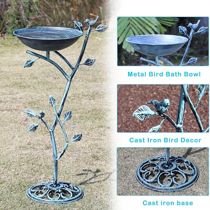 HOUYANG 11.4" W x 31" H Cast Iron Pedestal Bird Bath, Birdbaths for Outdoors,Bird Bath for Outside,Vintage Metal Bird Bath Garden Yard Decor