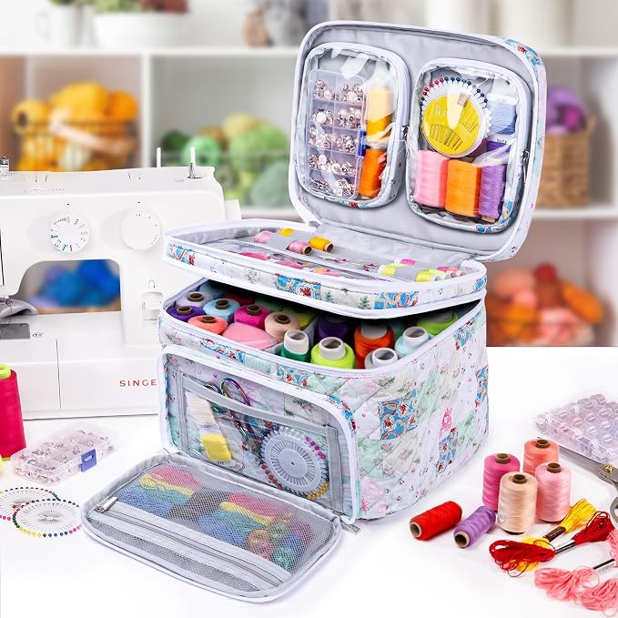 AMOIGEE Double-Layer Sewing Organizer Storage Bag with 2 Detachable Pouches, Large Quilted Sewing Basket for Supplies & Tools, Portable Travel Sewing Kit Case, Gift for Mom(Bag ONLY)