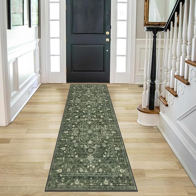 U'Artlines 2' x 6' Boho Hallway Runner Rug, Non Slip Runners, Dark Green | Washable, Vintage Farmhouse Kitchen Rug, Accent Area Carpet, for Entryway Laundry and Living Room
