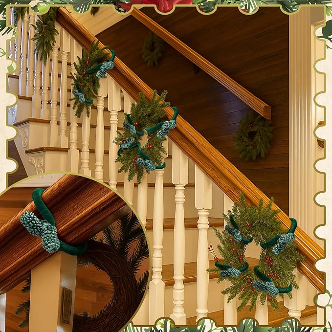 Jutom 16 Pcs 25 Inches Christmas Velvet Garland Ties Decorative Banister Twist Ties Reusable and Flexible for Xmas Light Banisters Home Stairways Railings Decoration(Green)