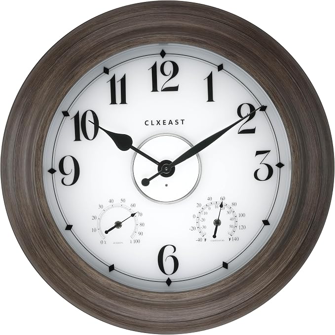 CLXEAST 24 Inch LED Illuminated Outdoor Clocks Waterproof with Thermometer & Hygrometer, Large Lighted Metal Wall Clock with Smart Night Light Sensor,Grey Oak Finish,House Warming Gifts New Home