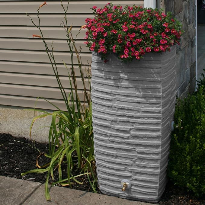 Good Ideas Impressions Riverwalk 50 Gallon Faux Slate Surface Dual Spigot Rain Barrel with 2 Brass Spigots and Screen, Light Granite (3 Pack)
