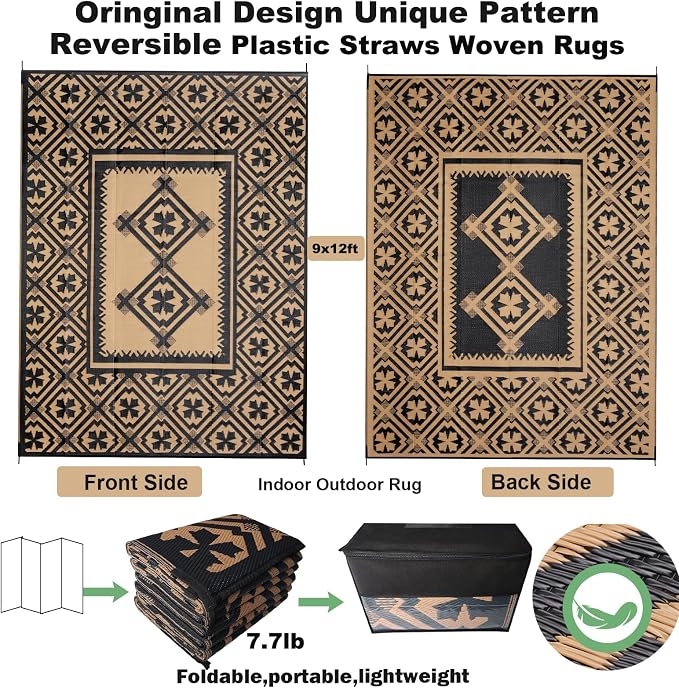 Alfolo Outdoor Rugs 9x12 for Patios Clearance Brown Outdoor Plastic Straw Rug Black and Brown Outdoor Rug Waterproof Reversible Outside Mat with Durable Edges Double Woven Patio,Porch,Rv Camping Rug