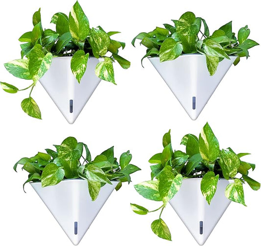 LaLaGreen Wall Planters for Indoor Plants - 4 Pack, 12 Inch Large Self Watering White Geometric Hanging Flower Vase Vessel with Metal Hanger, Modern Stylish Wall Mounted Succulent Pot Holder Decor
