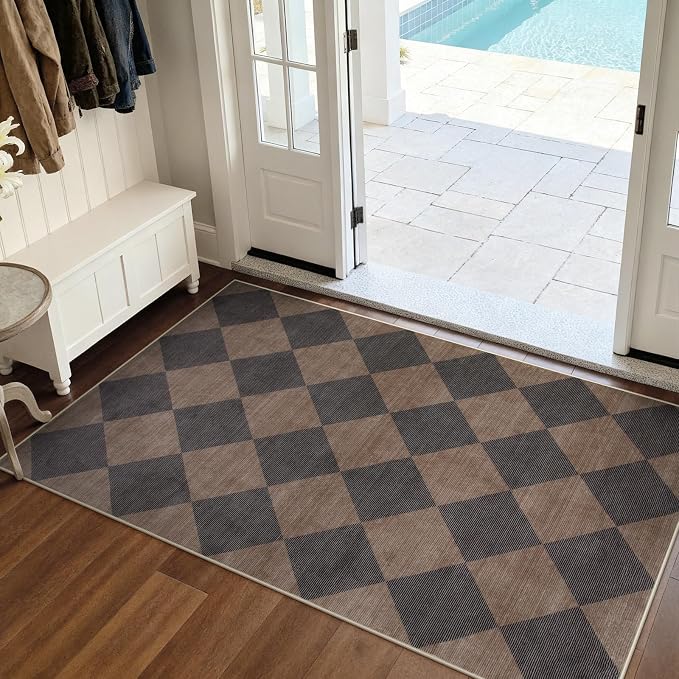 Beeiva Checkered Print Entry Rug 3x5, Non Slip Washable Kitchen Rug 3x5 Stain Resistant Ultra Thin Bathroom Decor, Neutral Geometric Carpet for Bedroom Living Room Office (Brown/Black)