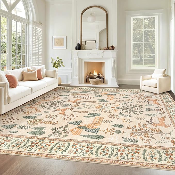 Living Room Rugs 8x10: Washable Boho Rug Farmhouse Non Slip Stain Resistant Large Rug Low Pile Soft Carpet for Bedroom Dining Room Children Room (Cream Animal,8'x10')
