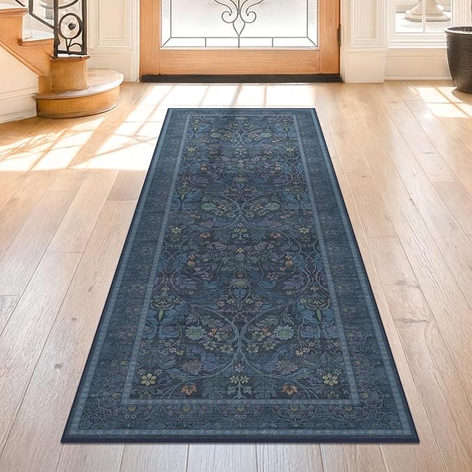 Small Oriental Runner 2x6 Kitchen Runner Rugs Non Slip,Navy Blue Washable Stain Resistant Runner for Entryway, Hallway, Bedside, Bathroom with Floral and Botanical Design