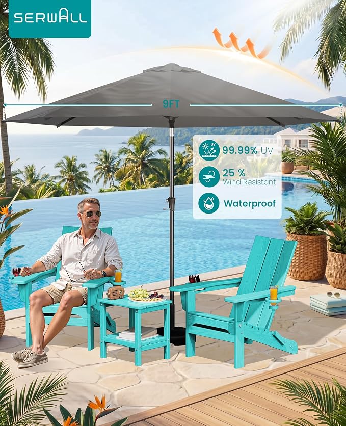 SERWALL Modern Folding Adirondack Chair Set with 9 Ft Umbrella, Folable Adirondack Chairs Set of 2 with Cup Holders, HDPE Fire Pit Chairs for Patio Lawn Garden, Teal (Umbrella Base is not Included)