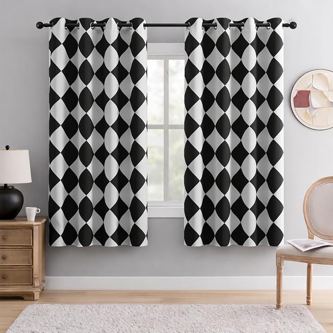 Black and White Diamond Pattern Blackout Curtains for Living Room, Modern Geometric Window Drapes, 100% Light Blocking Curtains for Bedroom, Grommet Top 52 x 63 Inches, 2 Panels