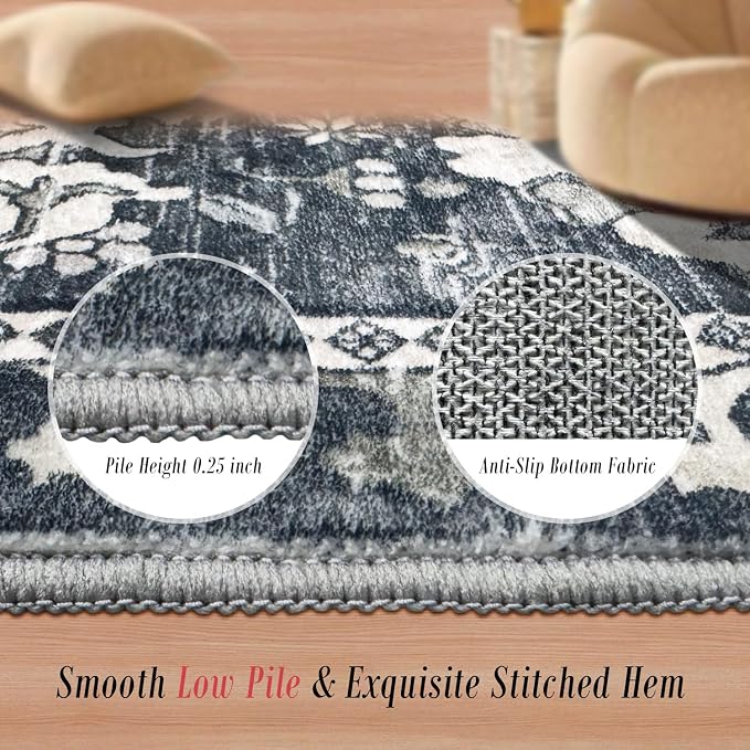 Washable Area Rugs - Perfect for Living Room, Bedroom, Kids Room, Nursery - Stain & Water Resistant Non-Slip, Pet & Child Friendly, Vintage Tribal Area Rugs (Grey, 6' x 9')