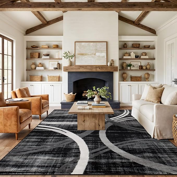 Rugshop Wavy Circles Modern Jute Backing Area Rug Black 7'10" x 10'2" | High Traffic,Fade Resistant, Living Room, Bedroom, Dining Room, Large Areas,Basement,Open Spaces,Kitchen,Oversized Area Rug