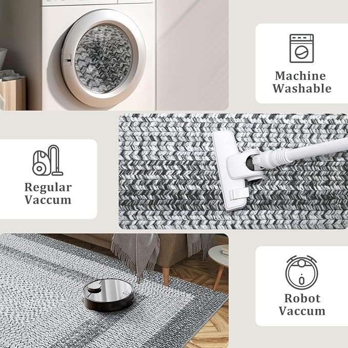 RUGSREAL Washable 2x10 Runner Rug for Hallway Kitchen Modern Runner Rugs | Long Runner Throw Carpet with Rubber Backing, Stain Resistant Braided Printed Entryway Carpet for Bedroom Living Room, Grey