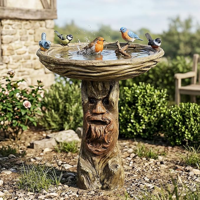SunJet 24” High x 19” Diameter Outdoor Bird Bath with Tree Face Pedestal - Fibre Reinforced Concrete Birdbaths with Decorative Birds for Garden, Patio, Yard, Lawn Décor