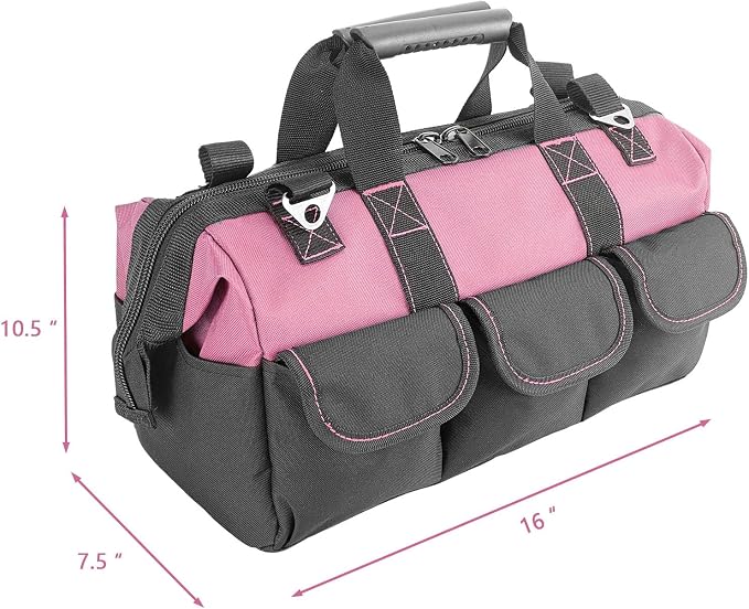 Garden Tools Bag 16inch Wide Mouth Women's Tool Bag with Molded Base and Plastic-Padded, Inside Pockets for Tool Storage,600D polyester fabric (Pink color)