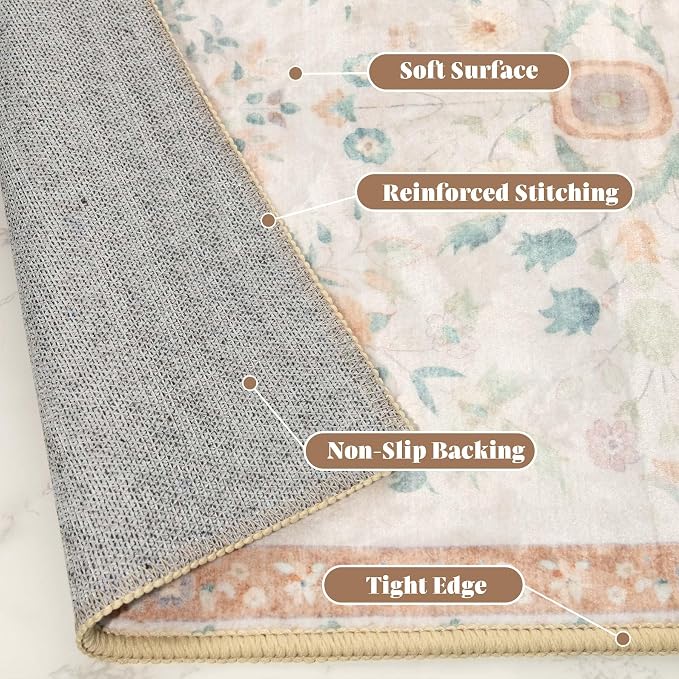 Small Rug Washable 2x3 Area Rugs Non Slip Ultra-Thin Floral | Throw Carpet for Bathroom Entryway Entry Entrance Bedroom Bedside Kitchen Floor Indoor Low Pile Boho Vintage Beige