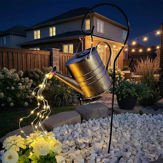 Solar Watering Can Lights Outdoor, Hanging Metal Garden Decor with Cascading Warm White Fairy Lights, Waterproof Yard Patio Lawn Ornament, Gifts for Gardeners