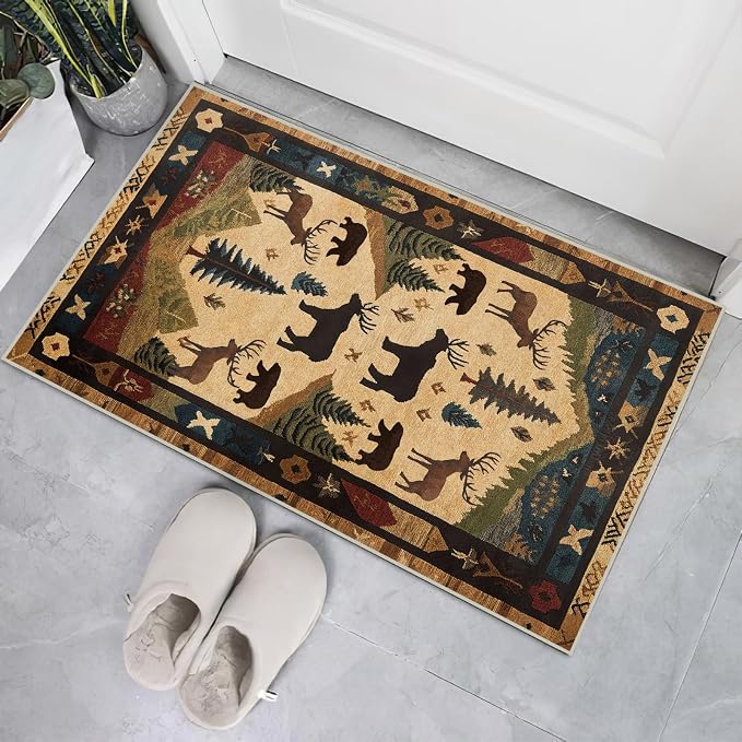 Farmhouse Cabin Area Rug Rustic Deer Bear Washable 2x3 Rugs for Living Room Bedroom Western Country Non-Slip Soft Floor Large Carpet for Office Entryway Bathroom