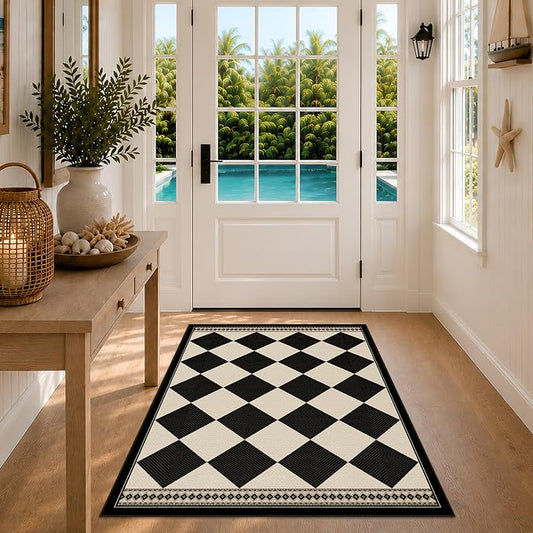 Black and White Geometric Outdoor Easy Jute Front Porch Rug 3x4, Washable Non-Slip Vintage Entryway Rug, Classic Traditional Low Pile Indoor Carpet for Kitchen, Bathroom, Laundry Room