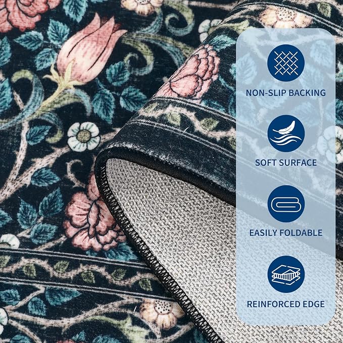 GarveeHome Blue Floral 4x6 Area Rug for Nursery Bedroom | Washable Dorm Office Rug Vintage Boho Rugs Low-Pile Non-Slip Stain Resistant TPE Backing