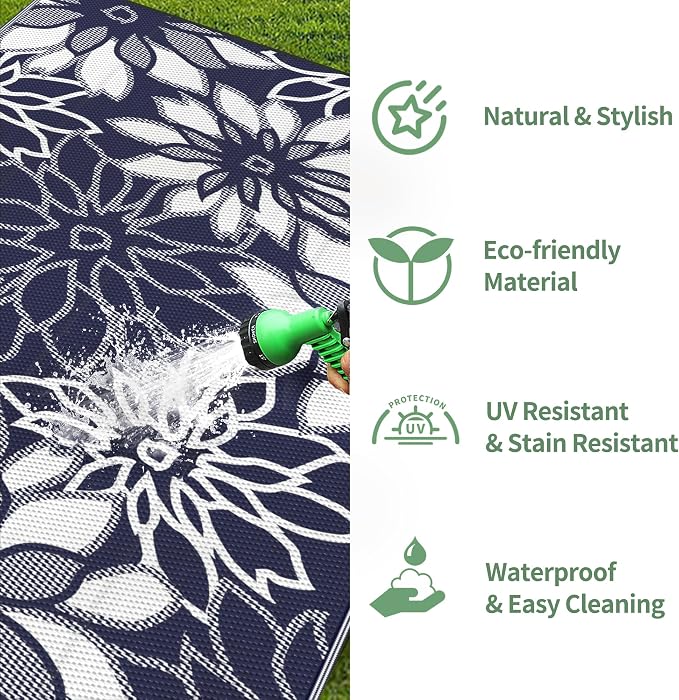 GENIMO Outdoor Rug Waterproof for Patio Decor, 5' x 8' Reversible Plastic Straw Floral Camping Carpet, Large Area Rugs Mats for RV, Camper, Deck, Balcony, Porch, Beach, Picnic, Blue & White