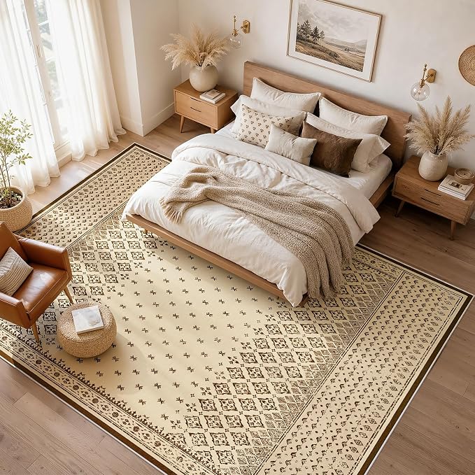 Joydeco 8x10 Area Rug for Living Room, Vintage Washable Rugs for Bedroom | Large Boho Geometric Low Pile Non Slip Ultra Thin Distress Indoor Throw Floor Carpet For Dining Room Home Office Dorm Beige
