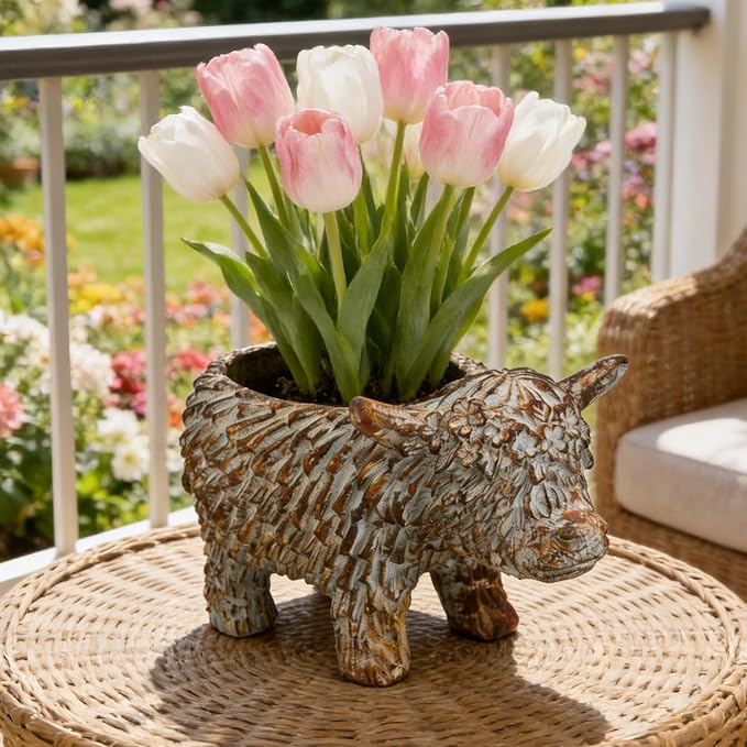 Rustic Highland Cow Planter - Vintage Distressed Blue Resin Planter Pot Indoor&Outdoor Flower Pots for Garden Home Decor, Succulent, Herbs