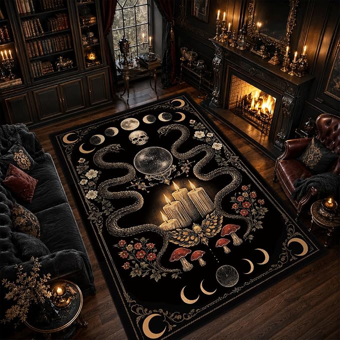 5x7 Gothic Area Rug for Living Room Bedroom Goth Skull Snake Witch Dark Black Large Rug Machine Washable Non-Slip Carpet for Dining Room Office