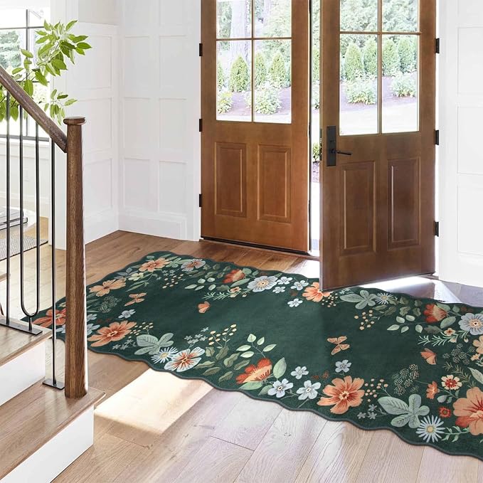 Lahome Floral Hallway Runner, 2X6 Kitchen Washable Runner Rug Non-Slip | Ultra-Thin Soft Stain Resistant Boho Low-Pile Carpet for Kitchen Laundry Bathroom Bedroom Flore Dark, Green