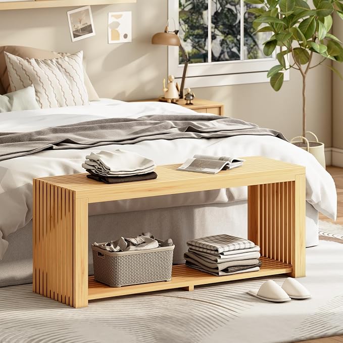 Bamboo Bench with Shelf, 35'' Entryway Bench Seat, Natural | Shoe Bench for Entryway, Hallway, Doorway, Modern Benches for End of Bed Bench, Low Bench for Window